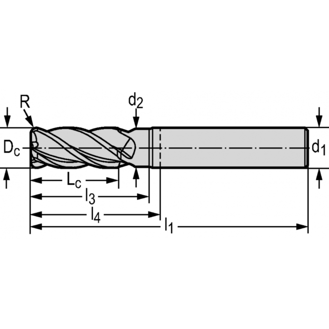 Freze cilindro-frontale/de canelare din carbură metalică MC230 • Advance • coadă DIN 6535 HA • metric • flute helix angle° • Rază lungă de acţiune • center cutting capability • WK40TF • Dc=20mm • R=3mm • Z=4