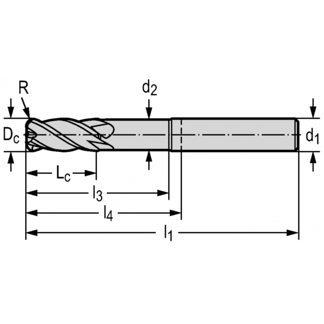Freze cilindro-frontale/de canelare din carbură metalică MC230 • Advance • Xill·tec<sup>®</sup> • coadă DIN 6535 HA • metric • flute helix angle 38° • Rază lungă de acţiune • center cutting capability • WK40TF • Dc=10mm • R=1mm • Z=4