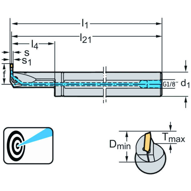 Bară pentru strunjire interioară – canelare interioară G4221...-P • Fixare cu şuruburi • Răcire de precizie • metric • coadă cilindrică • DX18 • s=4mm • Tmax=10mm