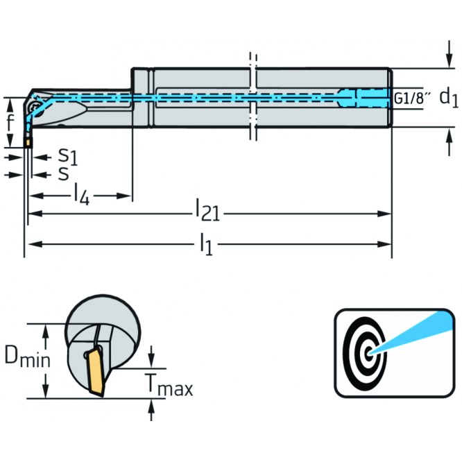 Bară pentru strunjire interioară – canelare interioară G4221...-P • Fixare cu şuruburi • Răcire de precizie • metric • coadă cilindrică • DX18 • s=4mm • Tmax=10mm