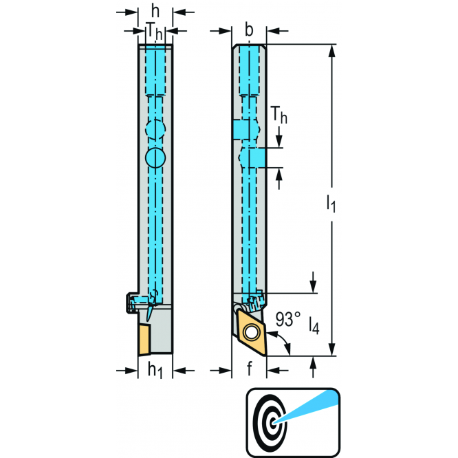 Suport coadă – fixare cu şuruburi SDJC...-S-P • Walter Turn • metric • Coadă cu secţiune pătrată • κ=93° • Dreapta • 10x10mm • plăcuţă rombică • DC .. 0702 .. • Răcire de precizie