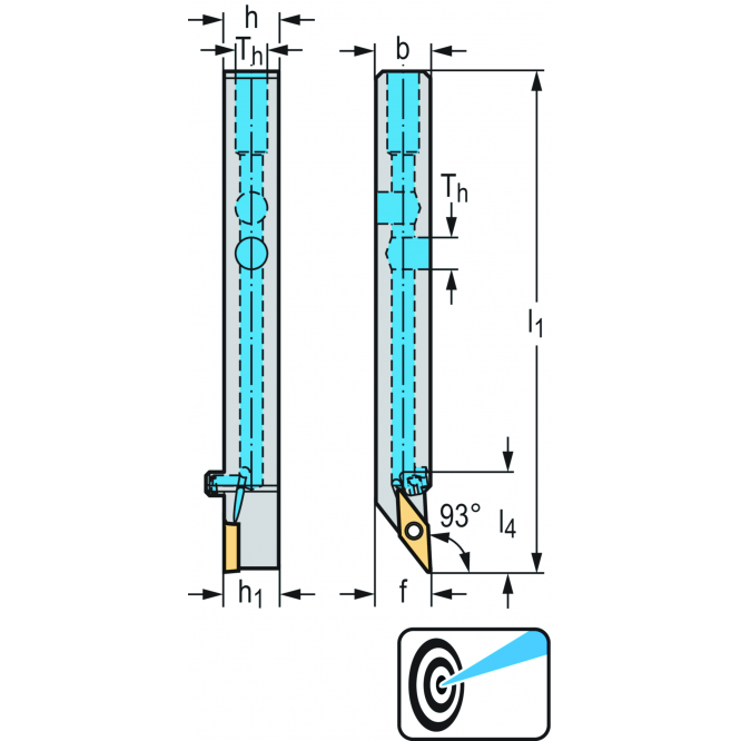 Suport coadă – fixare cu şuruburi SVJB...-S-P • Walter Turn • metric • Coadă cu secţiune pătrată • κ=93° • Dreapta • 10x10mm • plăcuţă rombică • VB .. 1103 .. • Răcire de precizie